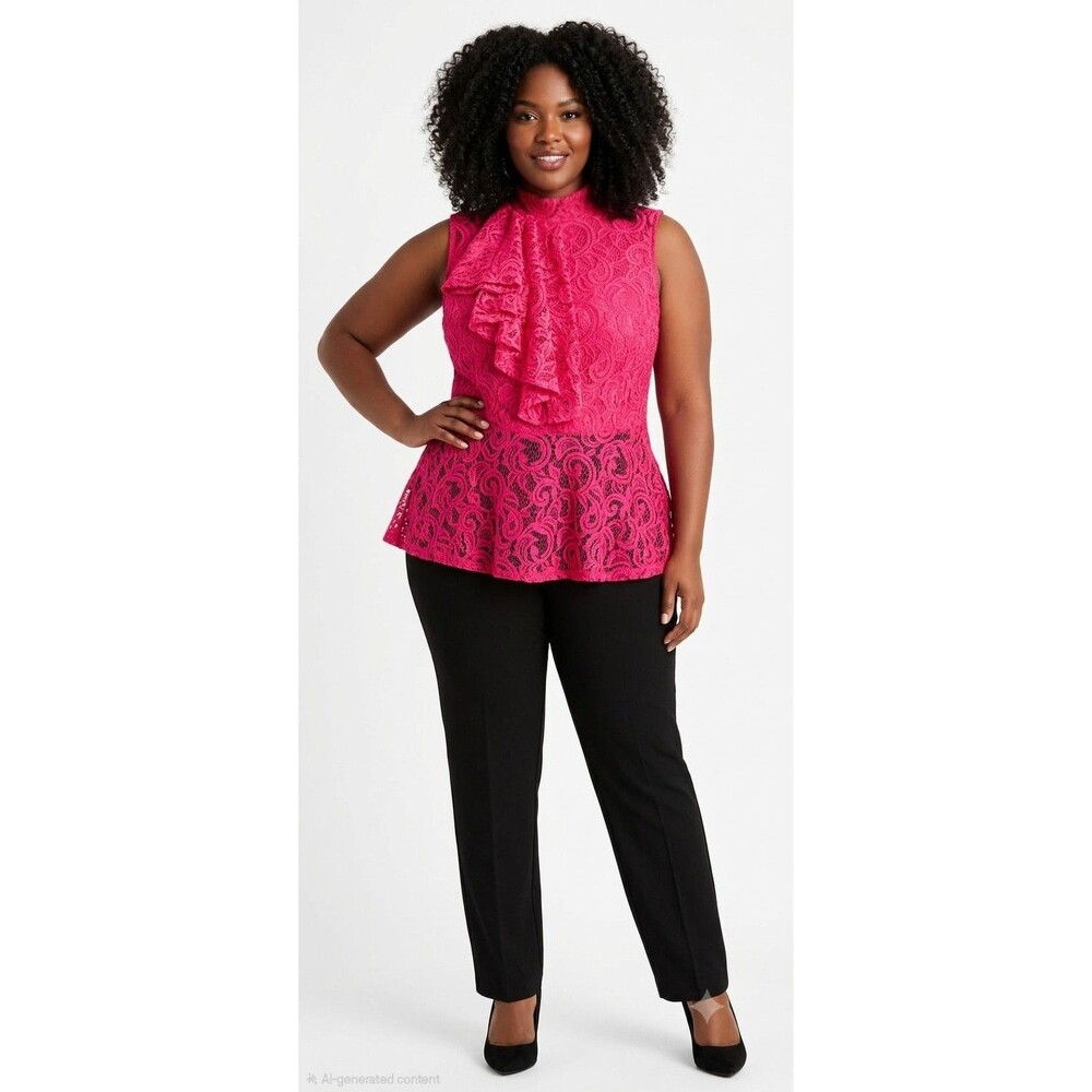 Ashley Stewart Women's Lace Ruffle Peplum Top Color Bright Red Rose 12 NWT